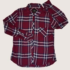 Rails Burgundy Plaid Button Front Shirt Women Medium‎ Rayon Long Sleeve Relaxed